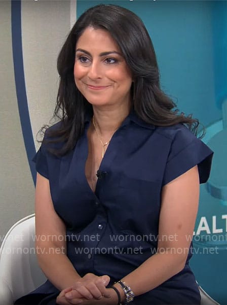 Dr Celine Gounder's navy shirtdress on CBS Mornings