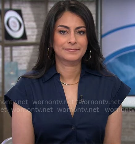 Dr Celine Gounder’s navy shirtdress on CBS Mornings