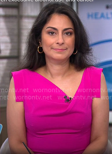 Celine Gounder's pink sleeveless dress on CBS Mornings