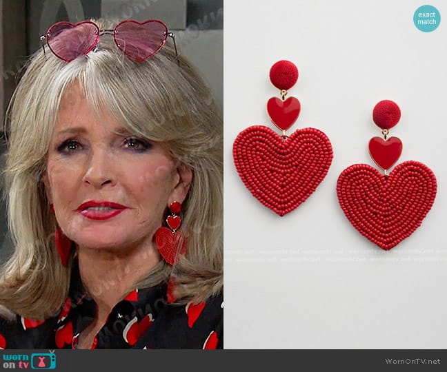 Chico's Red Heart Seed Bead Earrings worn by Hattie Adams (Deidre Hall) on Days of our Lives