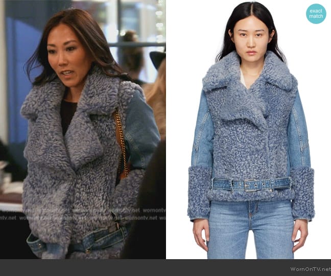 Chloe Blue Hybrid Shearling Biker Jacket worn by Katie Ginella on The Real Housewives of Orange County