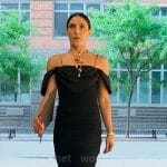 Chloe’s black ruched off-shoulder dress on Owning Manhattan