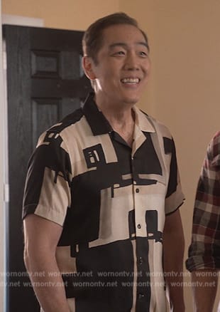 Chozen’s abstract print shirt on Cobra Kai