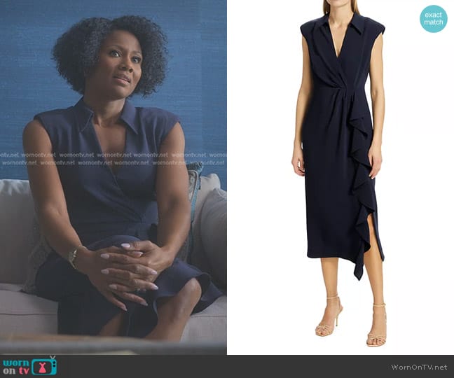 Cinq a Sept Tori Ruffled Crepe Wrap-Effect Midi-Dress in Navy worn by Jax Stewart (Emayatzy Corinealdi) on Reasonable Doubt