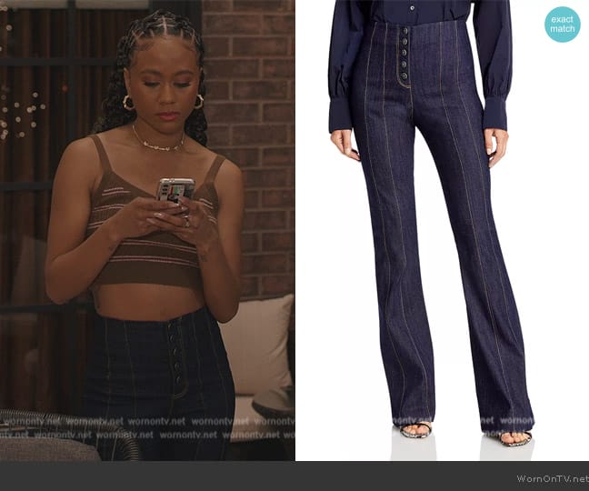 Cinq a Sept Carolina Seamed Flare Jeans in Indigo worn by Keisha (Netta Walker) on All American Homecoming