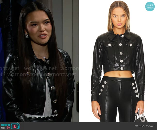 Cinq a Sept Faux Leather Rhinestone Regina Jacket worn by Luna (Lisa Yamada) on The Bold and the Beautiful