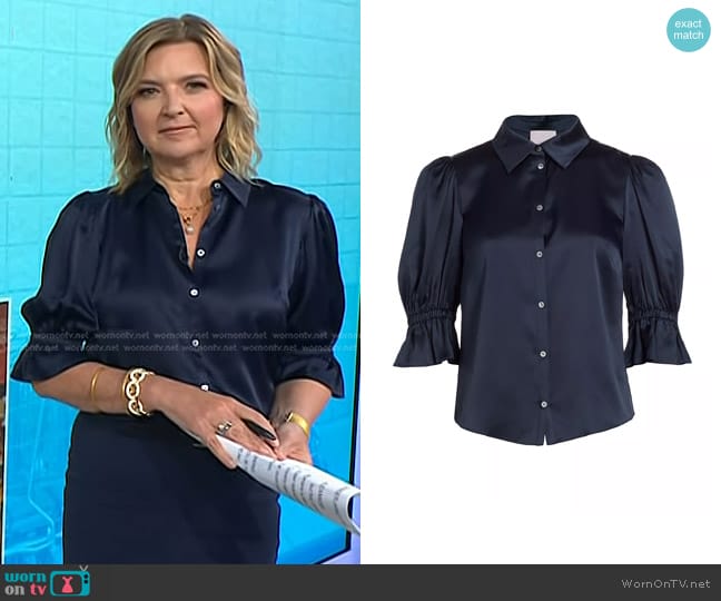 Cinq a Sept Fiona Silk Puff-Sleeve Blouse in Navy worn by Christine Romans on Today