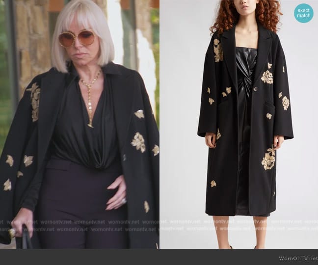 Cinq a Sept Gravis Rose Embellished Coat worn by Margaret Josephs on The Real Housewives of New Jersey