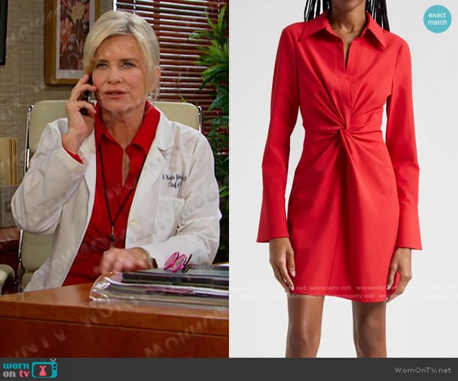 Cinq a Sept McKenna Front Twist Shirtdress in Red Sangria worn by Kayla Brady (Mary Beth Evans) on Days of our Lives