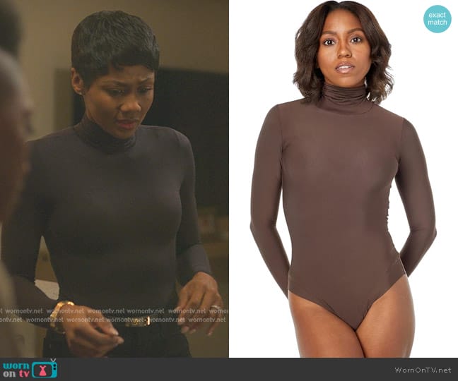 Commando Butter Turtleneck Bodysuit in Seal worn by Jax Stewart (Emayatzy Corinealdi) on Reasonable Doubt