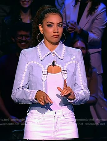 Corinne's blue cutout denim jacket on Beat Shazam