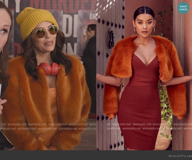 House of CB Corvelle Ginger Faux Fur Jacket worn by Eva Longoria (Eva Longoria) on Only Murders in the Building