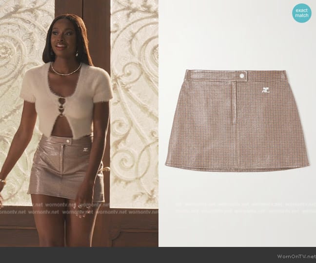 Courreges Reedition appliqued checked coated cotton-blend mini skirt worn by Hilary Banks (Coco Jones) on Bel-Air