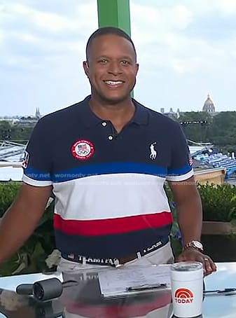 Craig Melvin’s navy colorblock polo shirt and belt on Today