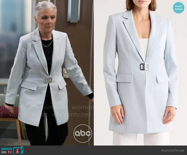 DKNY Double-D Buckle Notch Lapel Topper Blazer worn by Tracy Quartermaine (Jane Elliot) on General Hospital