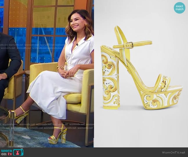 Dolce & Gabbana Formal Tile-Print Leather Platform Sandals worn by Rebecca Jarvis on Good Morning America