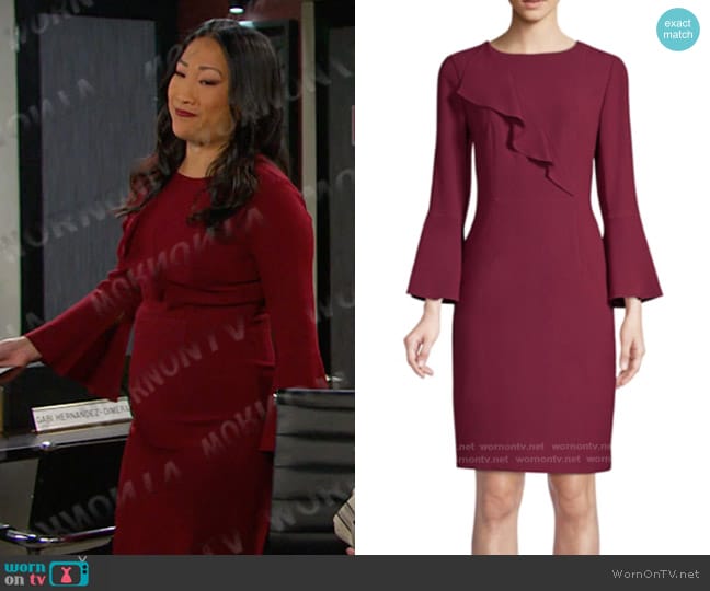 Elie Tahari Ruffle Sheath Dress worn by Melinda Trask (Tina Huang) on Days of our Lives