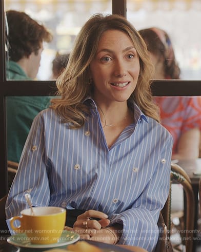 Else's striped embroidered blouse on Emily in Paris