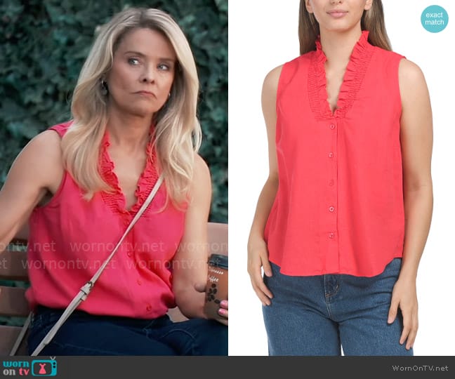 Ellen Tracy Linen Ruffle Sleeveless Top in Geranium worn by Felicia Scorpio (Kristina Wagner) on General Hospital