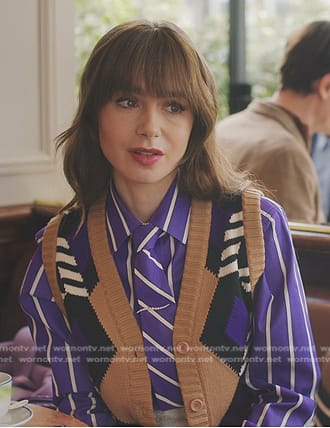 Emily's purple striped shirt and knit vest on Emily in Paris