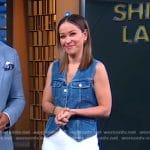 Eva’s denim vest and white pencil skirt on Good Morning America