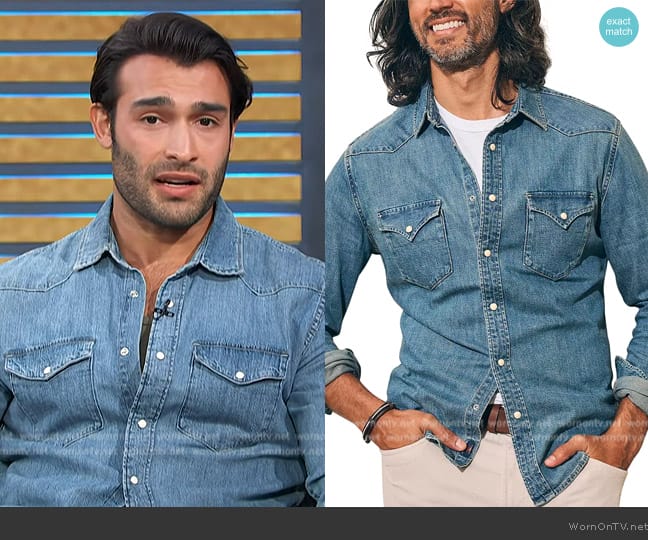 Faherty The Western Long Sleeve Shirt worn by Sam Asghari on Access Hollywood