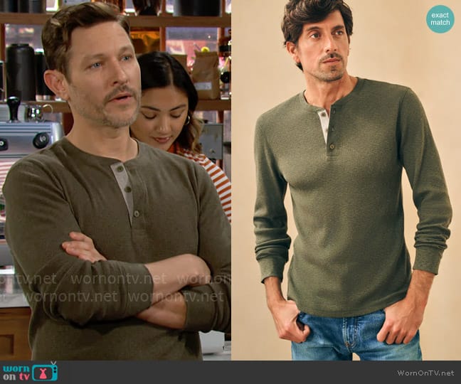 Faherty Surplus Waffle Henley in Olive Heather worn by Daniel Romalotti (Michael Graziadei) on The Young and the Restless