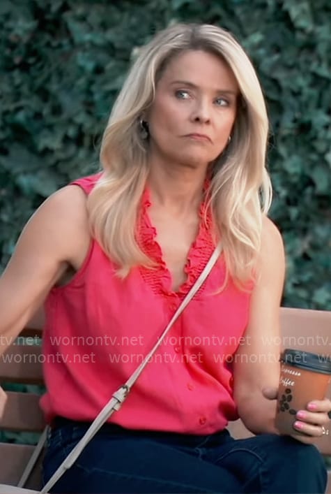 Felicia's pink sleeveless ruffle trim top on General Hospital