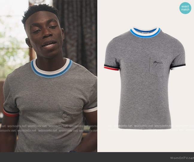 Ferragamo T-shirt with color block trims worn by Carlton Banks (Olly Sholotan) on Bel-Air