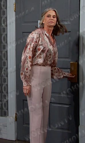 Fiona’s printed blouse and pin seamed pants on Days of our Lives