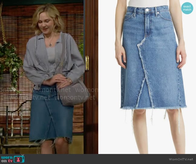 Frame Deconstructed Denim Skirt in Mabel worn by Lucy Romalotti (Lily Brooks O’ Briant) on The Young and the Restless