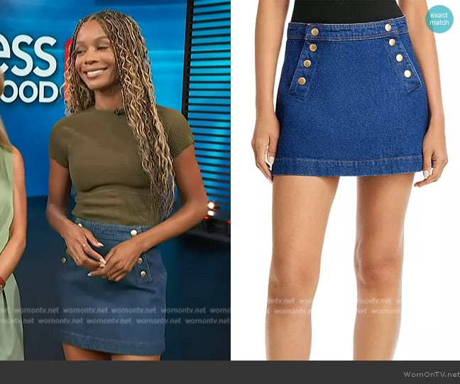 Frame Sailor Snap Denim Miniskirt worn by Zuri Hall on Access Hollywood