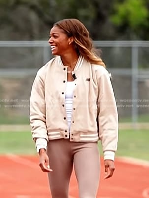 Gabby Thomas's beige varsity jacket on NBC News Daily