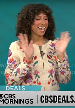 Gabrielle Kerr's floral embroidered jacket on CBS Mornings