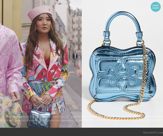 Ganni Butterfly metallic crossbody bag worn by Mindy Chen (Ashley Park) on Emily in Paris