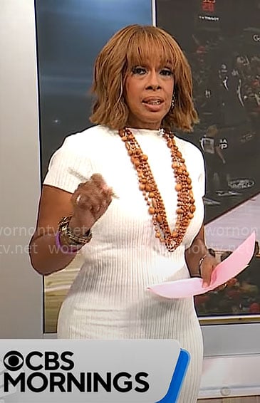 Gayle King's white rib knit midi dress on CBS Mornings