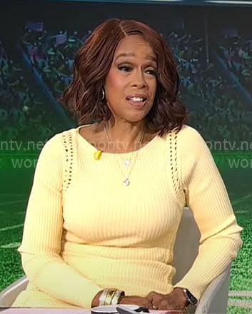 Gayle King's yellow knit long sleeve dress on CBS Mornings