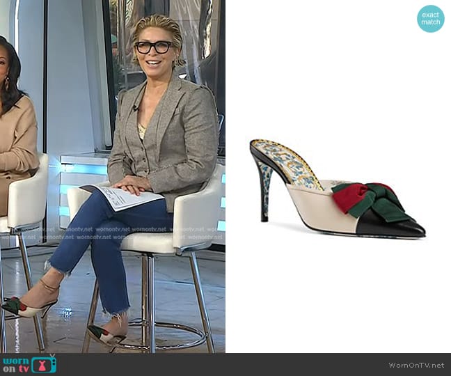 Gucci Sackville Leather Bow Mid-Heel Mules worn by Jill Martin on Today