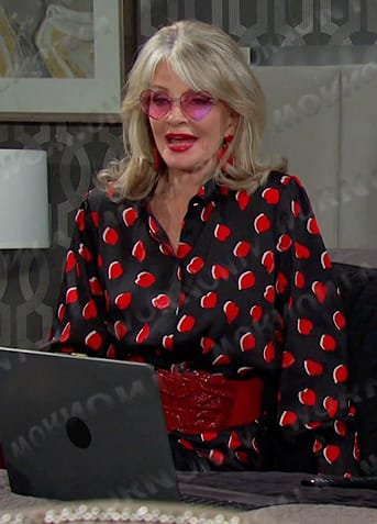 Hattie’s black heart print blouse on Days of our Lives