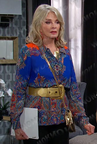 Hattie’s blue paisley print button blouse on Days of our Lives