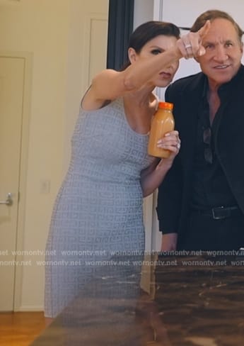 Heather's gray logo embossed sleeveless dress on The Real Housewives of Orange County