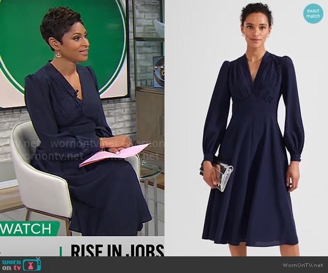 Hobbs Adrianna Dress in Midnight Navy worn by Jericka Duncan on CBS Mornings