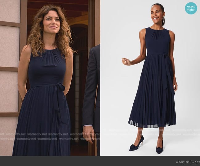 Hobbs Blythe Pleated Midi Dress worn by Amanda Larusso (Courtney Henggeler) on Cobra Kai