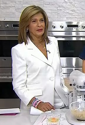 Hoda’s white gathered sleeve blazer and wide leg pants on Today