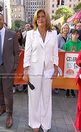 Hoda’s white gathered sleeve blazer and wide leg pants on Today