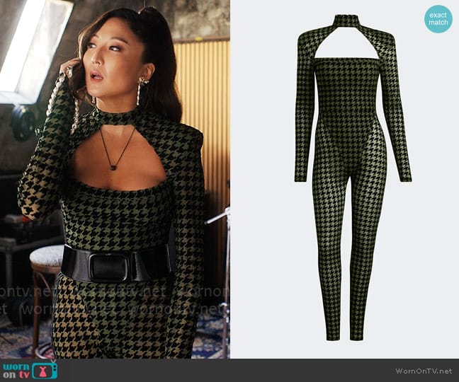 Ivy Park x Adidas Open Back Houndstooth Catsuit worn by Mindy Chen (Ashley Park) on Emily in Paris