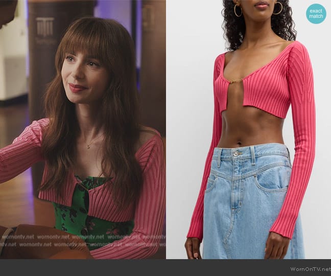 Jacquemus Pralu Logo-Script Rib Cardigan worn by Emily Cooper (Lily Collins) on Emily in Paris