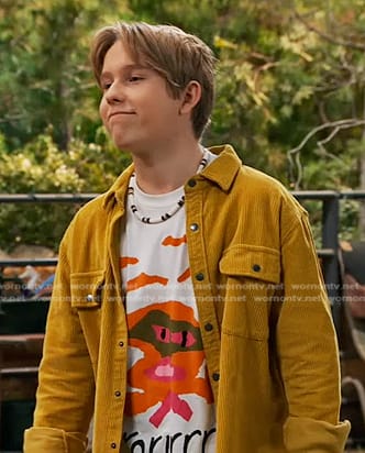 Jake's white graphic print tee on Bunkd