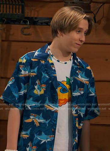 Jake's blue shark print shirt on Bunkd