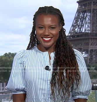 Janai's blue striped puff sleeve dress on Good Morning America